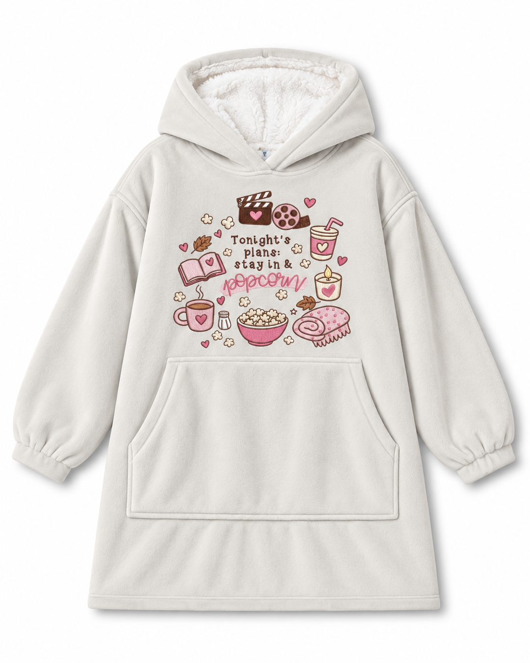 Tonight Plans: Stay In & Popcorn Embroidered Blanket Hoodie