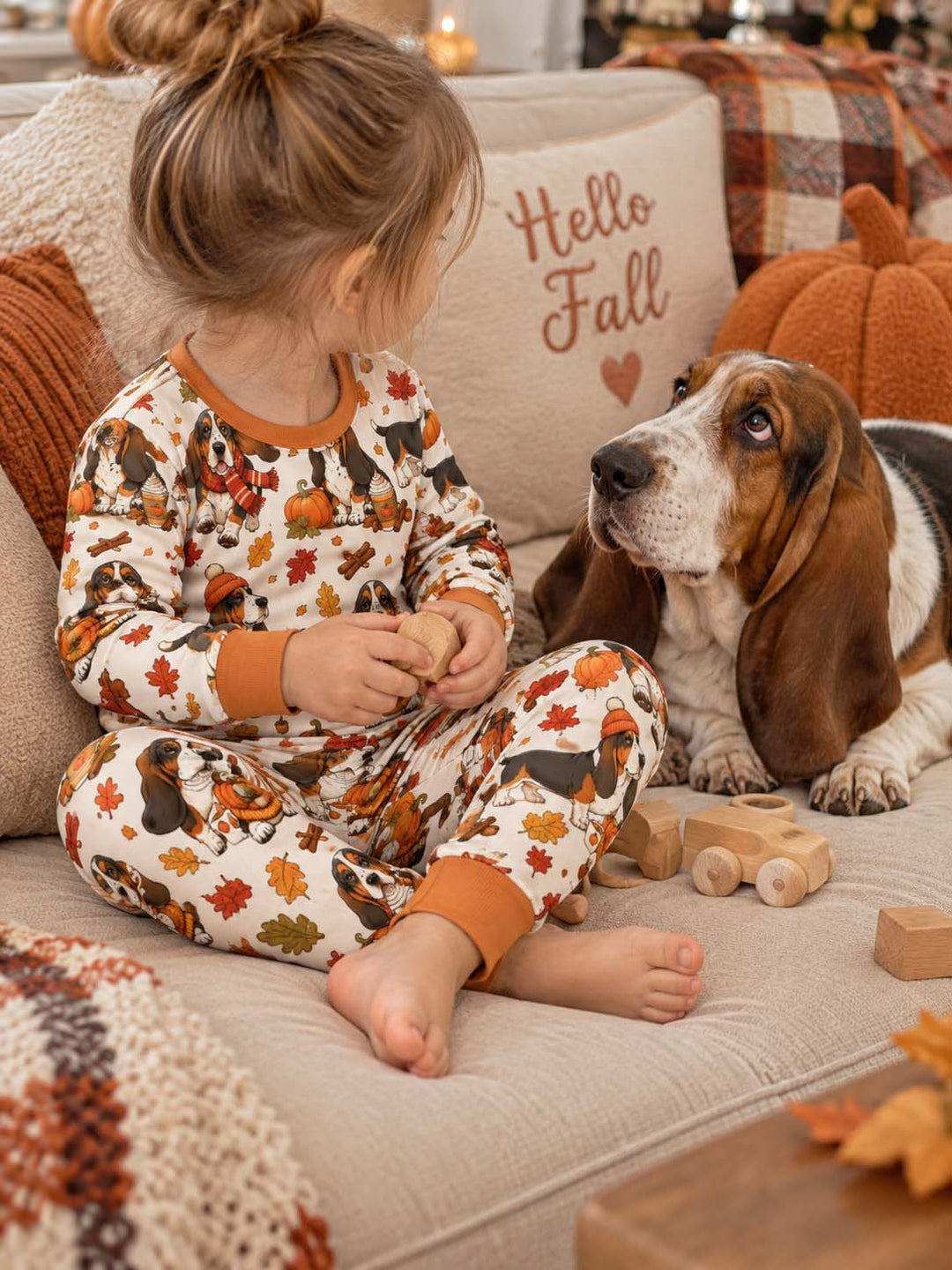 Cozy Autumn Basset Hounds Bamboo Two Piece Long Sleeve Pajama Set