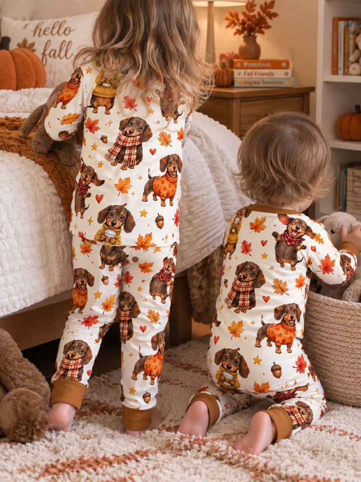 Cozy Autumn Dachshunds Bamboo Two Piece Long Sleeve Pajama Set