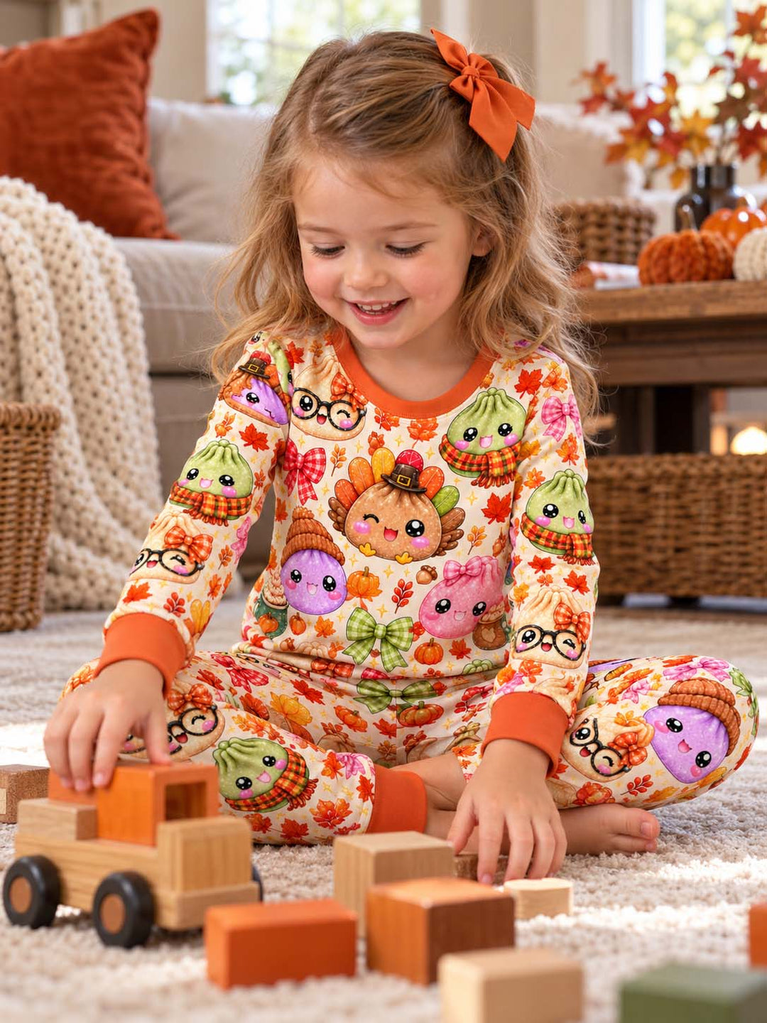 Cozy Autumn Dumplings and Bows Bamboo Two Piece Long Sleeve Pajama Set