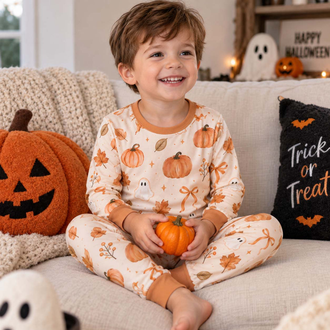 Cozy Autumn Ghosts and Pumpkins Bamboo Two Piece Long Sleeve Pajama Set