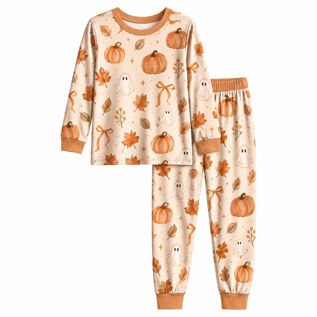 Cozy Autumn Ghosts and Pumpkins Bamboo Two Piece Long Sleeve Pajama Set