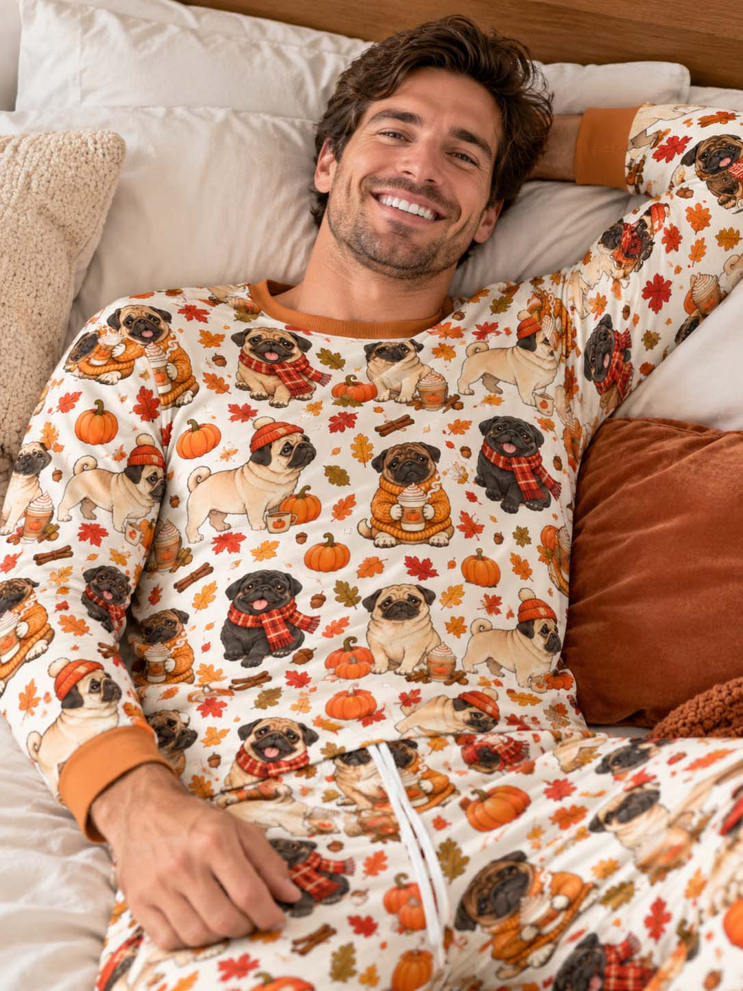 Cozy Autumn Pug Pumpkin Spice Bamboo Men's Pajama Set