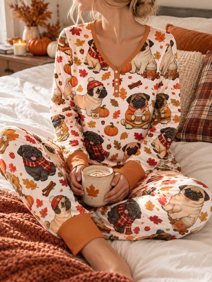 Cozy Autumn Pug Pumpkin Spice Bamboo Women Pajama Set