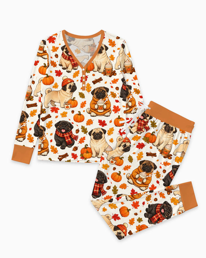 Cozy Autumn Pug Pumpkin Spice Bamboo Women Pajama Set