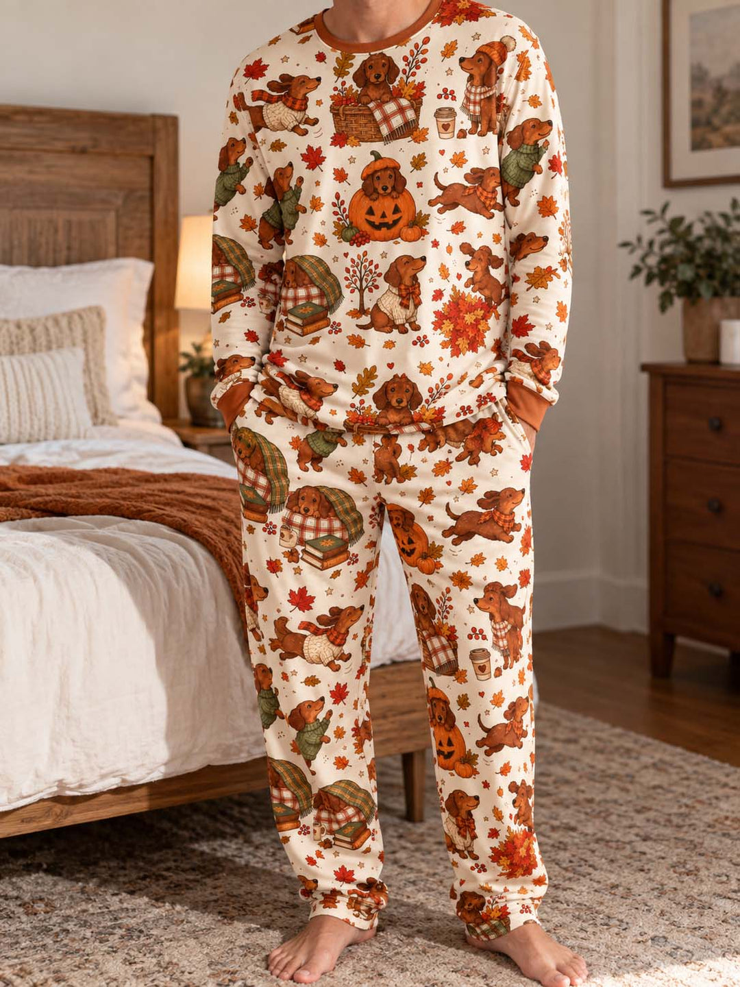 Cozy Dachshund Fall Adventures Bamboo Men's Pajama Set