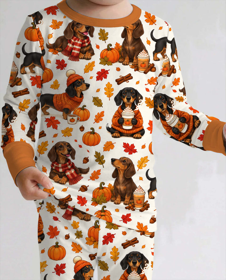 Cozy Dachshund Pumpkin Spice Fall Bamboo Two Piece Long Sleeve Pajama Set