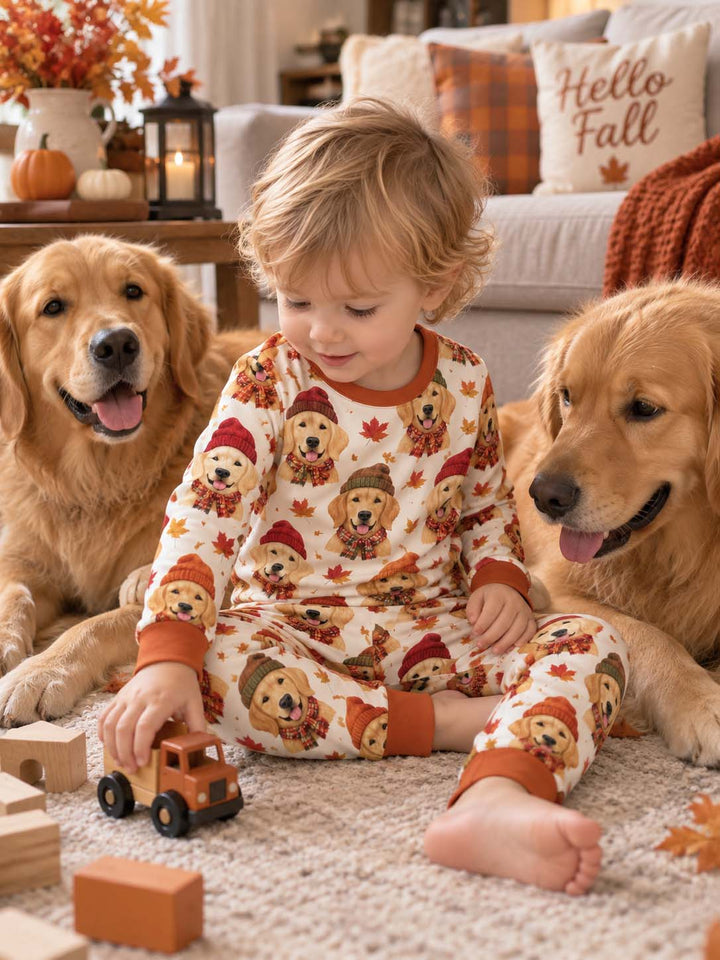 Cozy Fall Golden Retrievers Bamboo Two Piece Long Sleeve Pajama Set