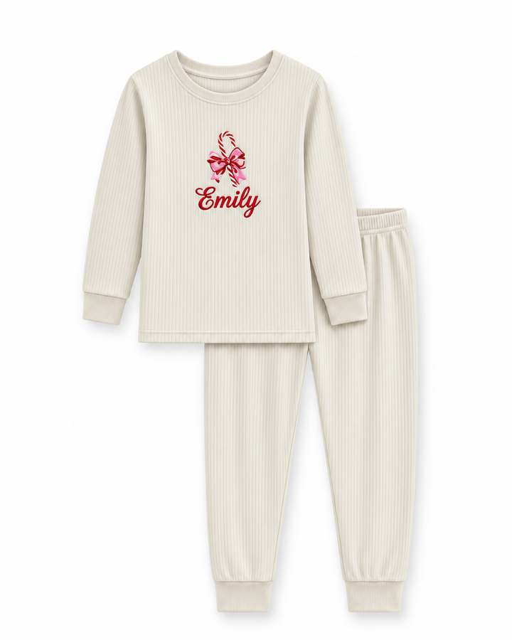 Sweet Candy Cane Embroidered Ribbed Bamboo Two Piece Long Sleeve Pajama Set