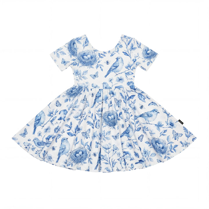 Vintage Blue Bird Toile florales Bambus-Drehkleid