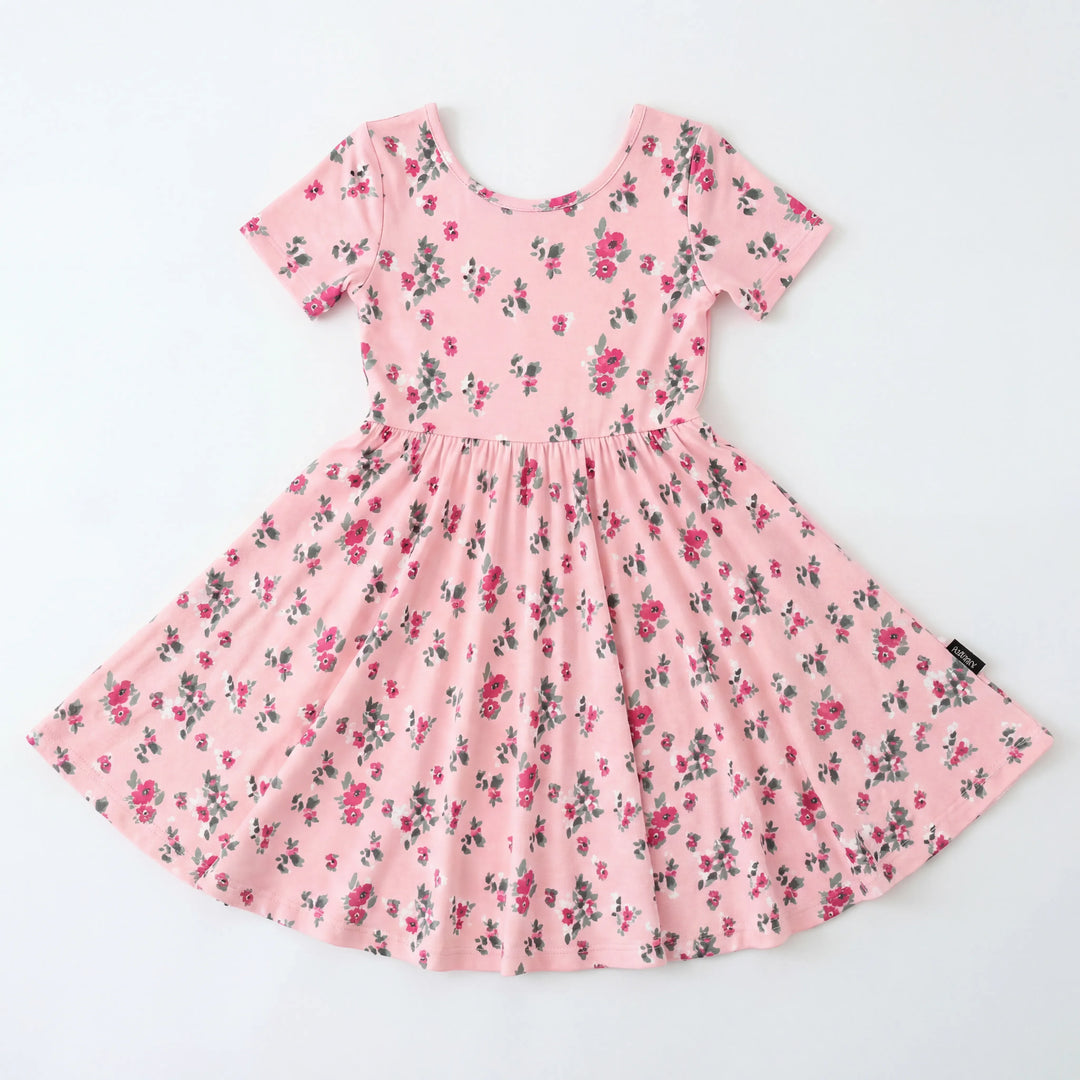 Soft Pink Vintage Floral Bamboo Twirl Dress