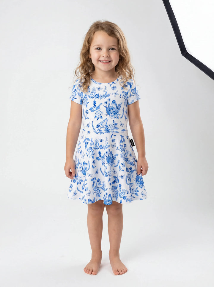 Vintage Blue Bird Toile florales Bambus-Drehkleid