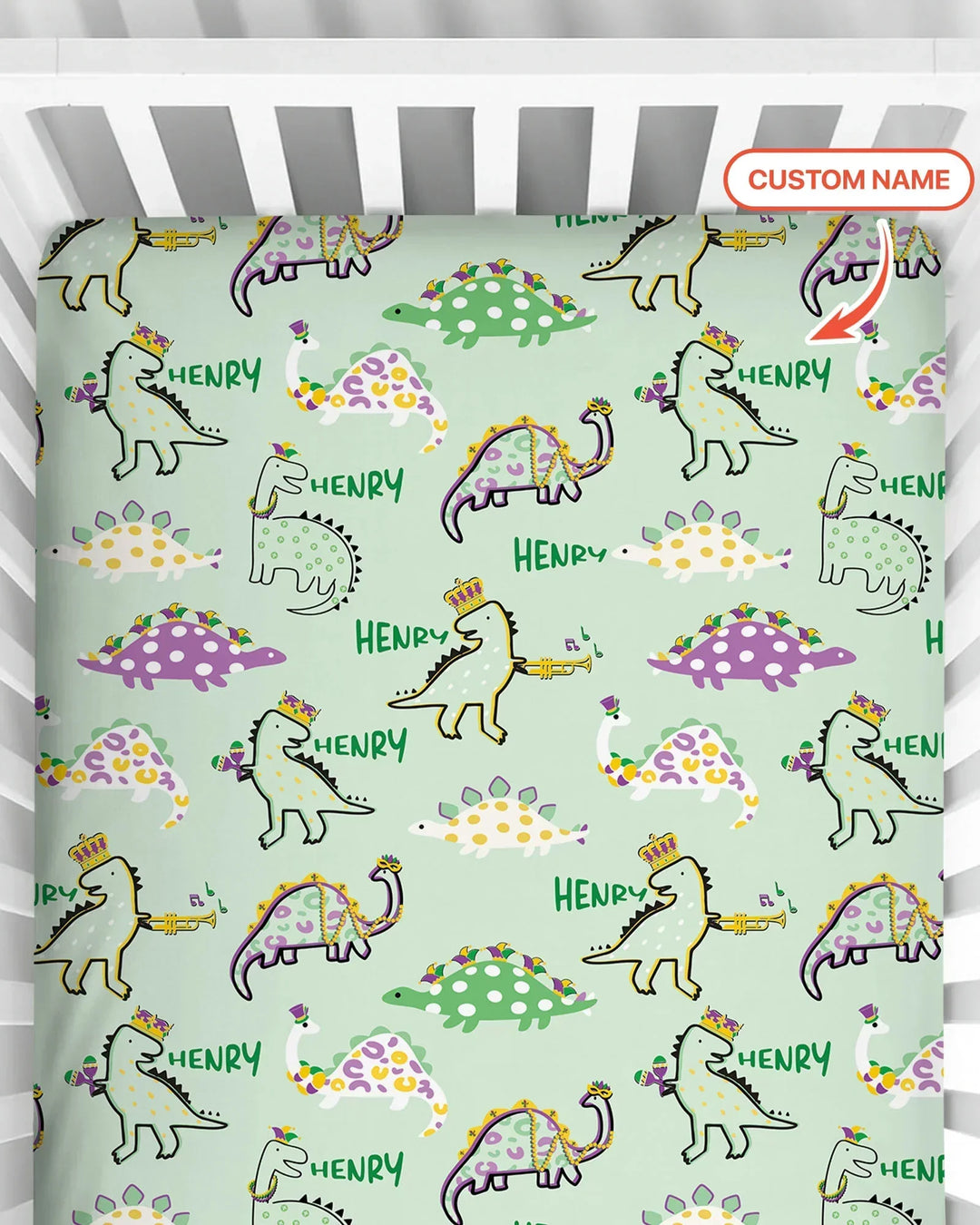 Custom Name Mardi Gras Saurus Bamboo Fitted Crib Sheet