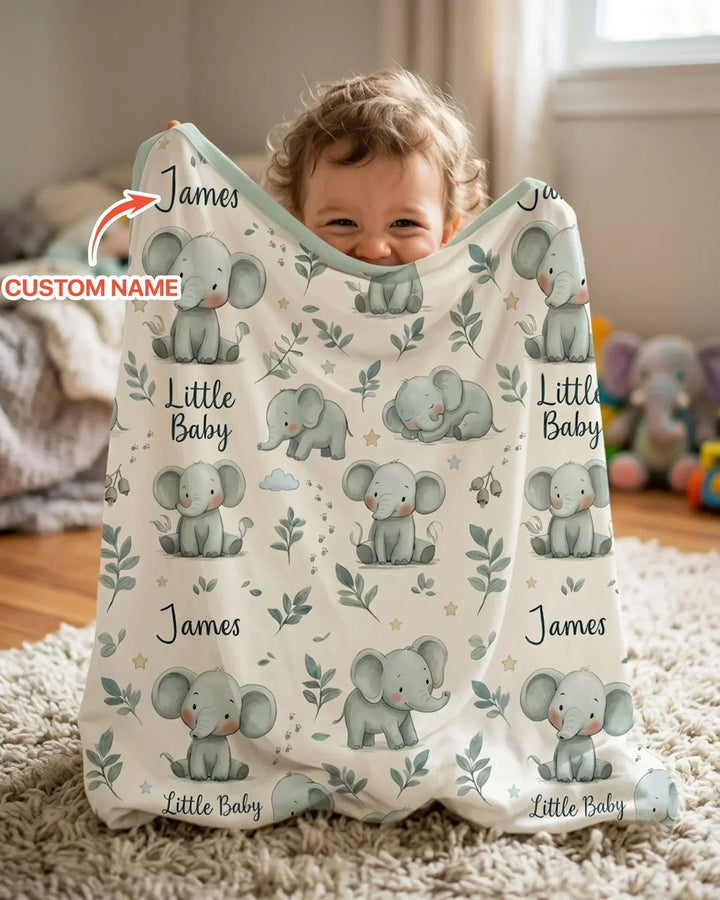 Custom Name Little Baby Elephant Bamboo Blanket