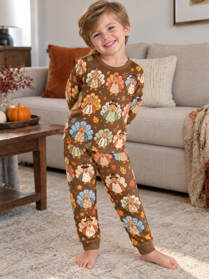Cute Floral Thanksgiving Turkeys Bamboo Two Piece Long Sleeve Pajama Set