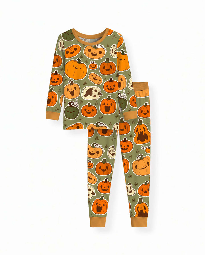 Cute Jack O Lantern Pumpkin Patch Bamboo Two Piece Long Sleeve Pajama Set