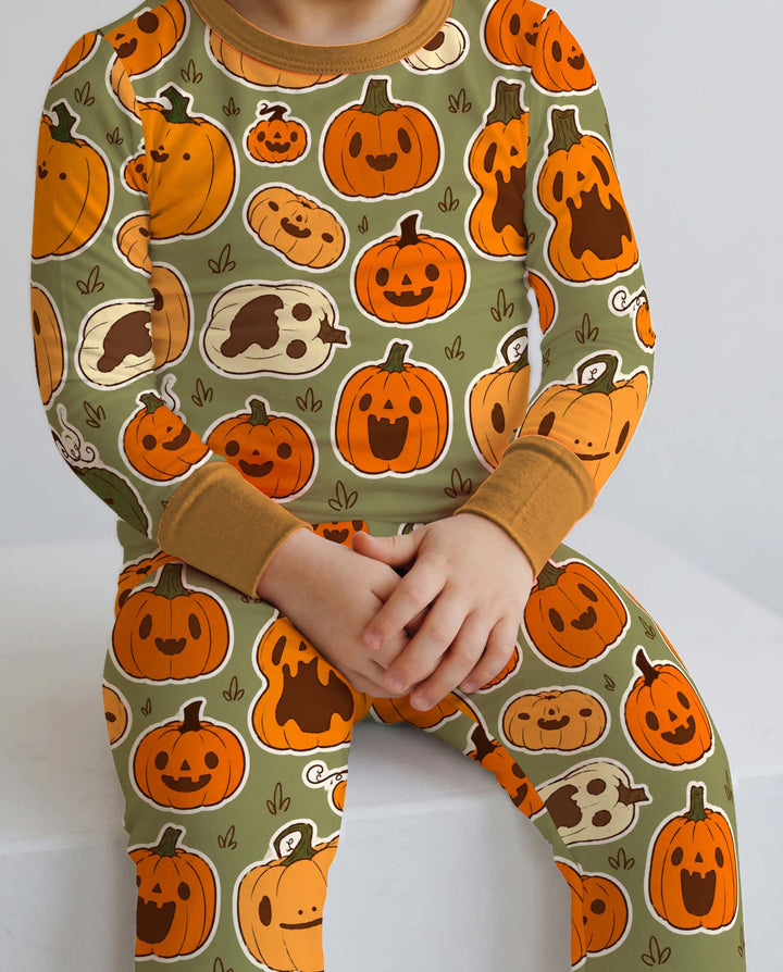 Cute Jack O Lantern Pumpkin Patch Bamboo Two Piece Long Sleeve Pajama Set