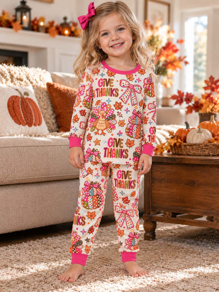 Cute Turkey Give Thanks Bamboo Two Piece Long Sleeve Pajama Set
