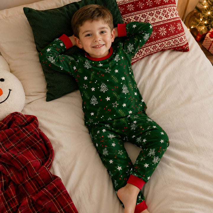 Dark Green Christmas Tree Doodles Bamboo Two Piece Long Sleeve Pajama Set