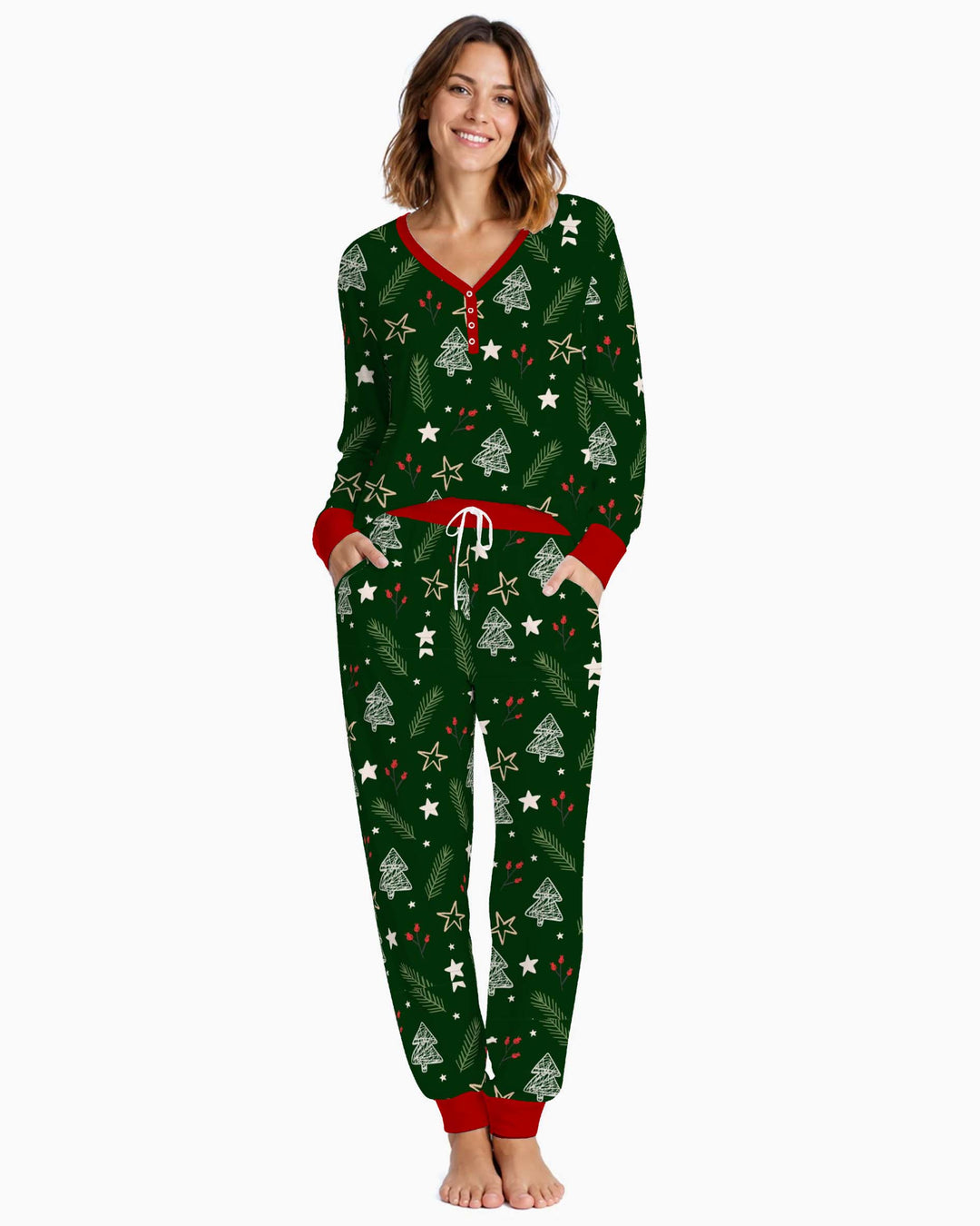 Dark Green Christmas Tree Doodles Bamboo Women Pajama Set