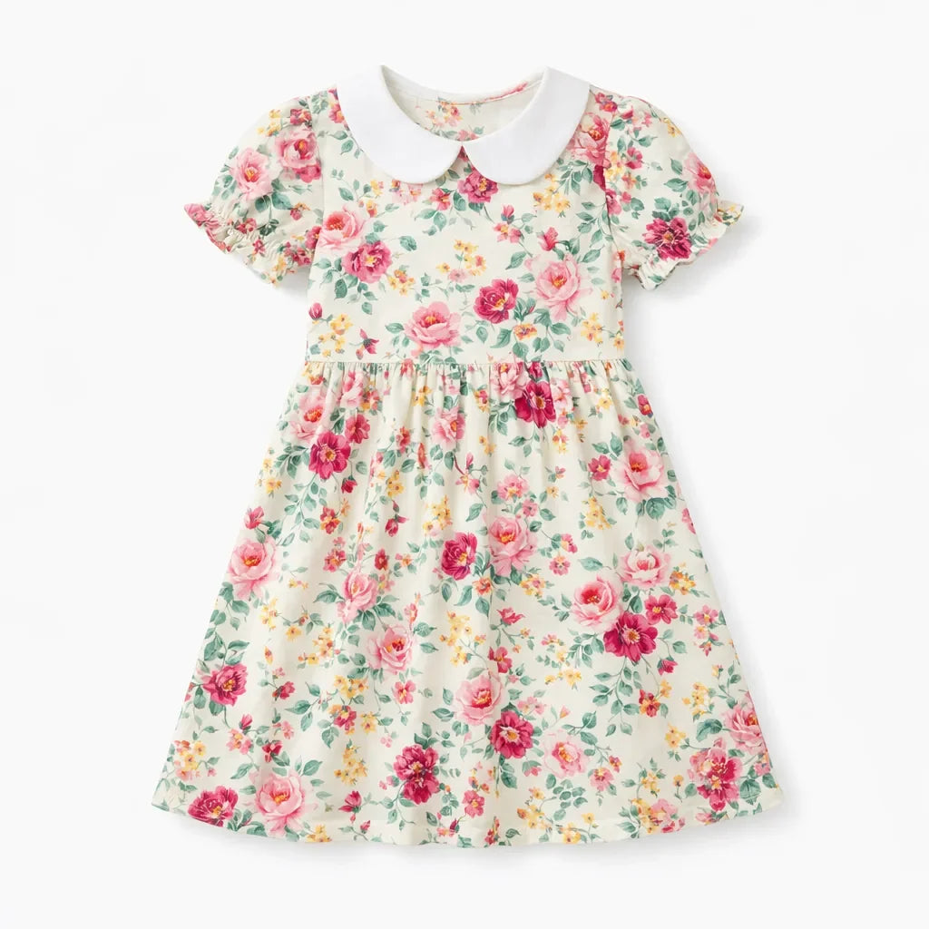 Zeitloses pinkes Rosen-Garten Bambus Peter Pan Kragenkleid