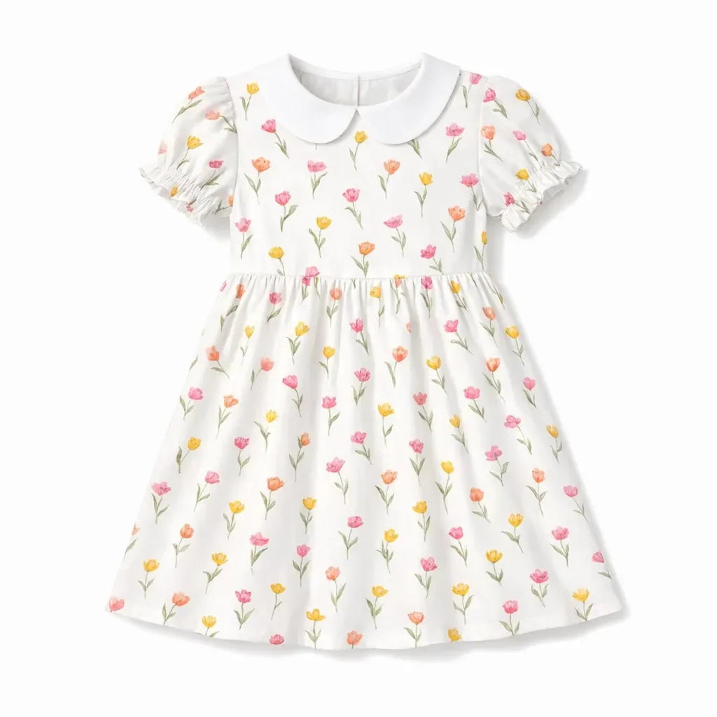 Kleid mit weichem Tulpen-Blumenmuster, Frühlingsgarten-Bambus und Peter-Pan-Kragen