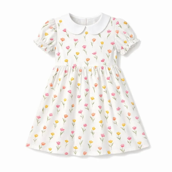 Kleid mit weichem Tulpen-Blumenmuster, Frühlingsgarten-Bambus und Peter-Pan-Kragen
