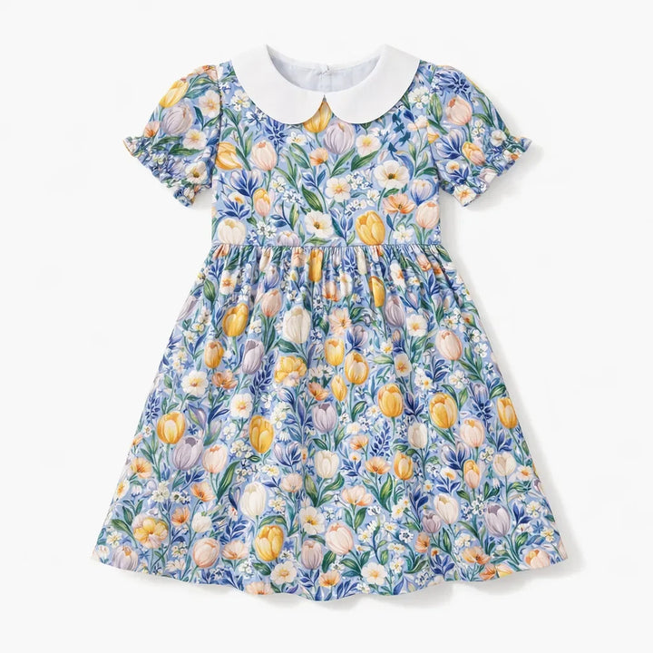 Kleid mit Peter-Pan-Kragen, lebhaftem Tulpenmuster und Bambusprint