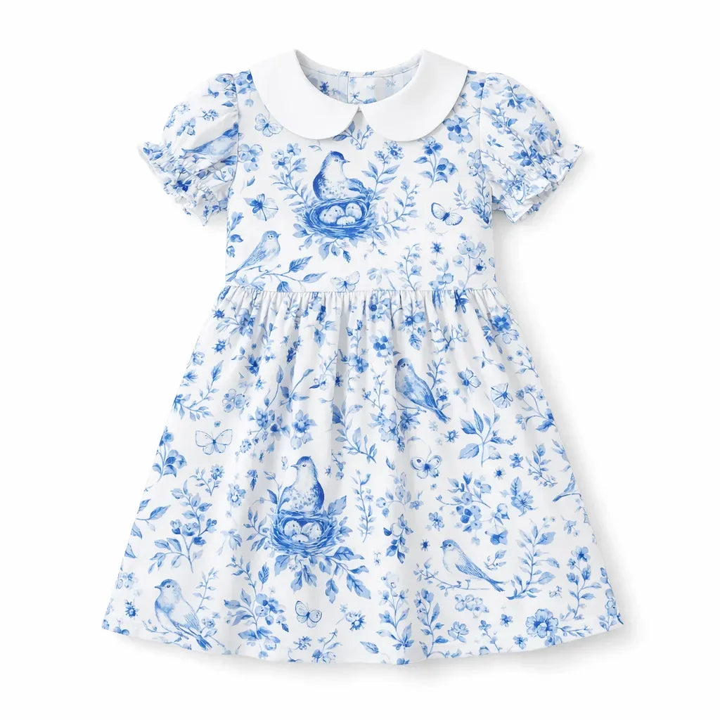 Vintage Blue Bird Toile Floral Bamboo Peter Pan Collar Dress