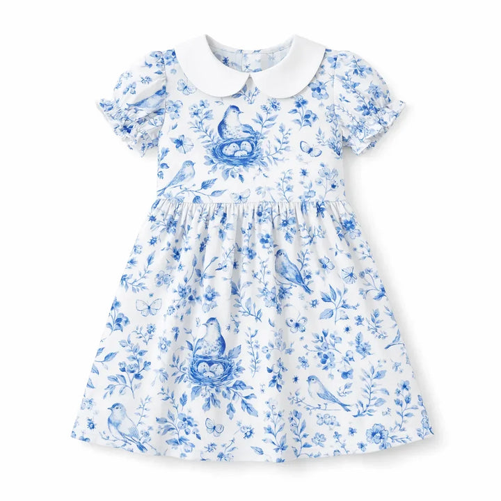 Vintage Blue Bird Toile Floral Bamboo Peter Pan Collar Dress
