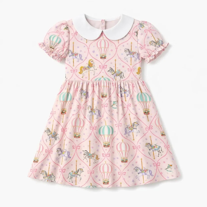 Niedliches Karussell-Einhorn-Ballon-Bambus-Peter-Pan-Kragenkleid