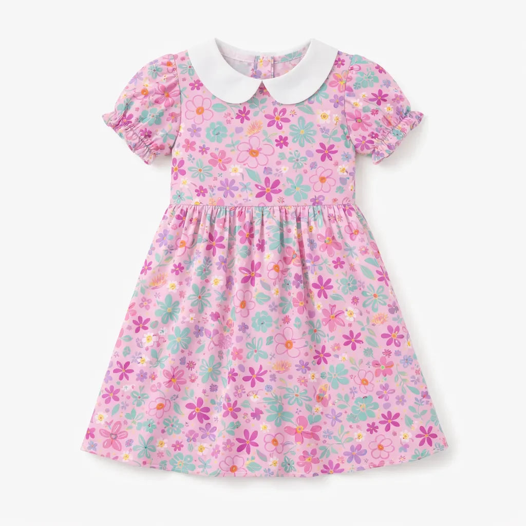 Niedliches, farbenfrohes Blumen-Ditsy-Ballon-Bambus-Peter-Pan-Kleid