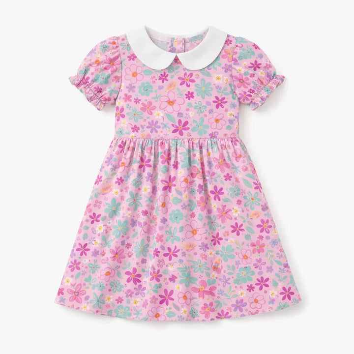 Niedliches, farbenfrohes Blumen-Ditsy-Ballon-Bambus-Peter-Pan-Kleid