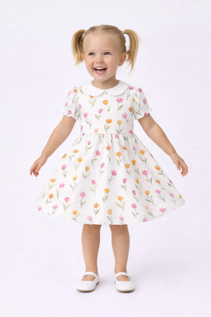 Kleid mit weichem Tulpen-Blumenmuster, Frühlingsgarten-Bambus und Peter-Pan-Kragen