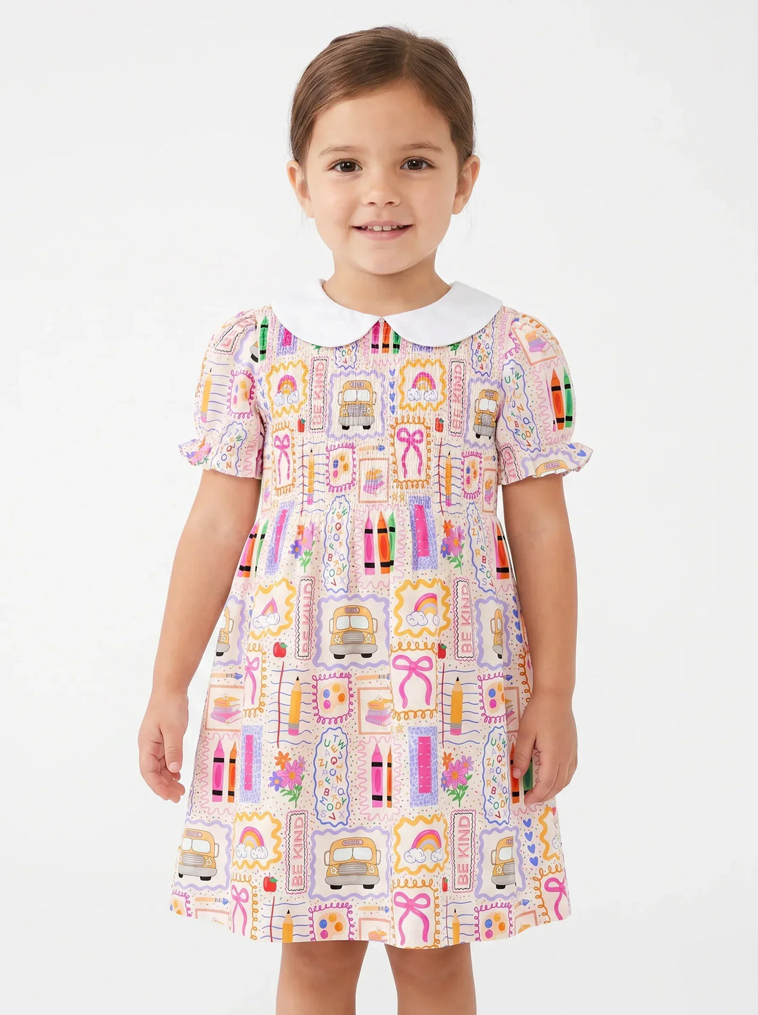 Buntes Kritzel-Schulkleid aus Bambus mit Peter-Pan-Kragen