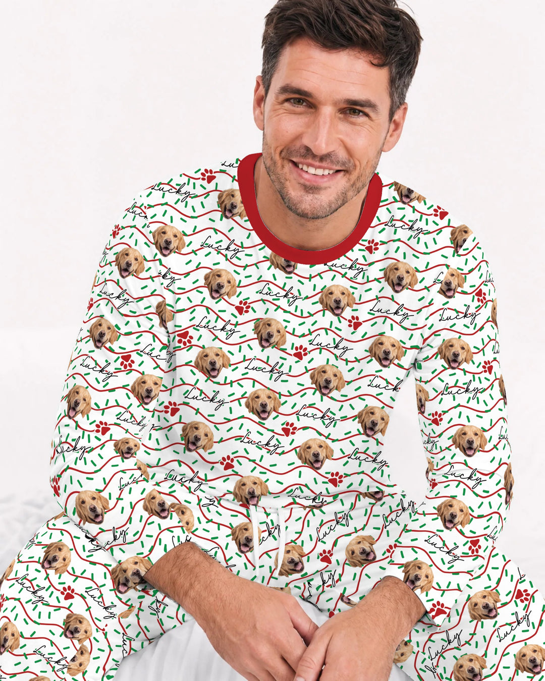 Custom Pet Photo Christmas Sprinkles Bamboo Men's Pajama Set