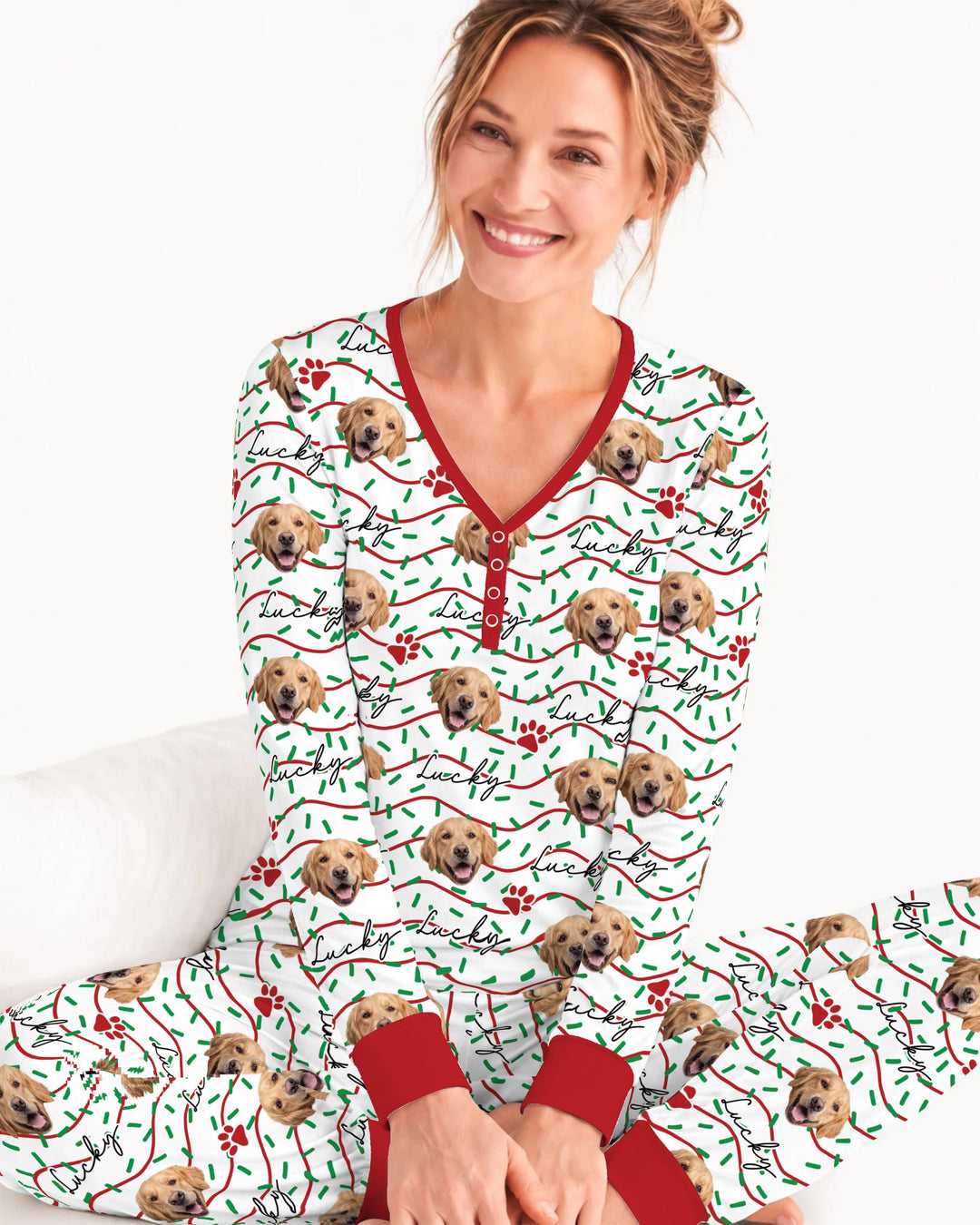 Custom Pet Photo Christmas Sprinkles Bamboo Women Pajama Set