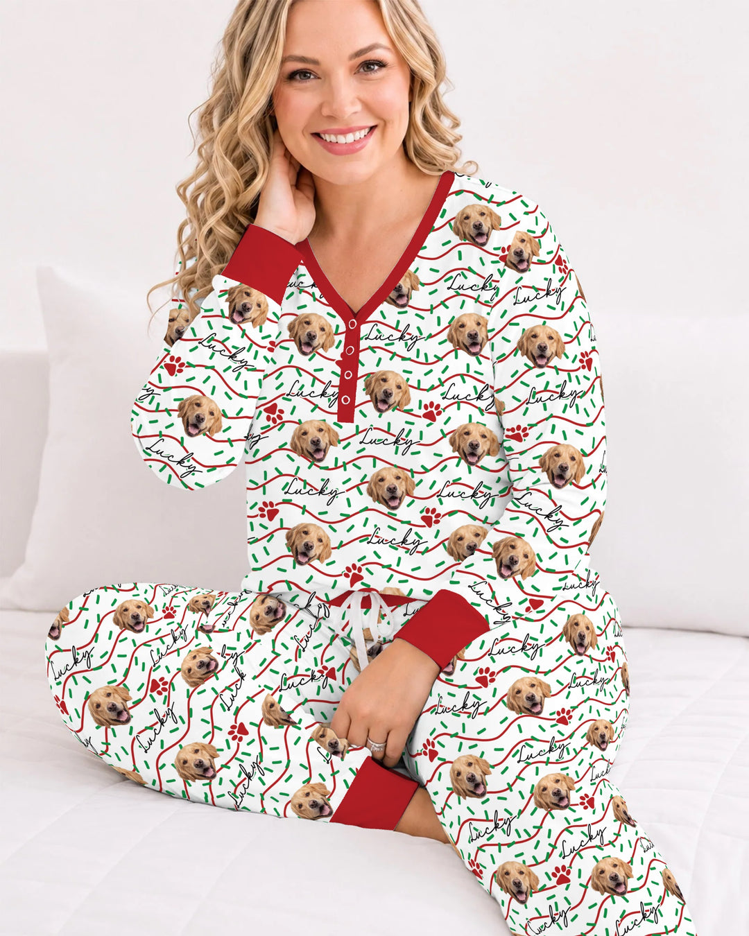 Custom Pet Photo Christmas Sprinkles Bamboo Women Pajama Set