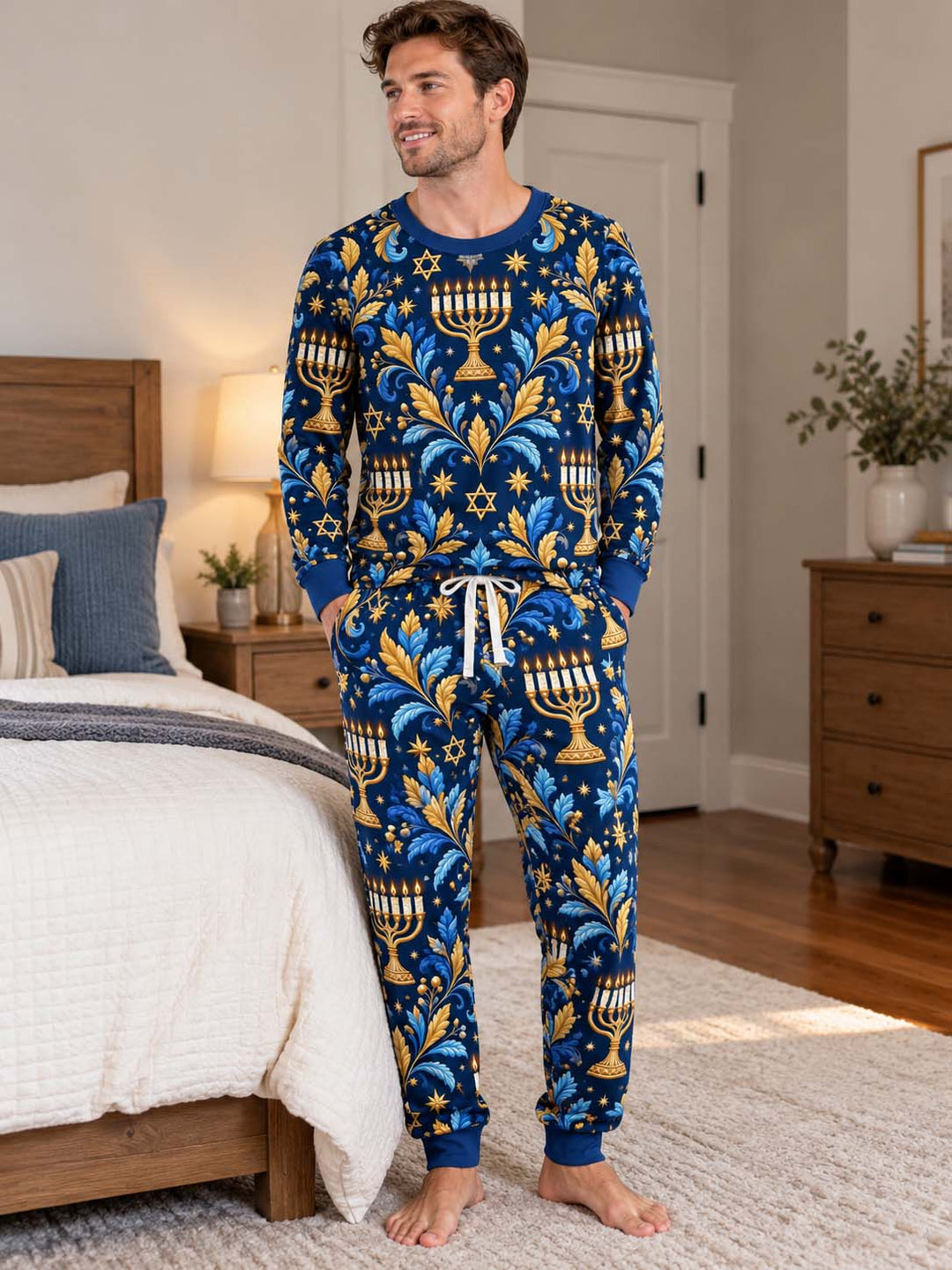 Elegant Blue Gold Hanukkah Bamboo Men's Pajama Set