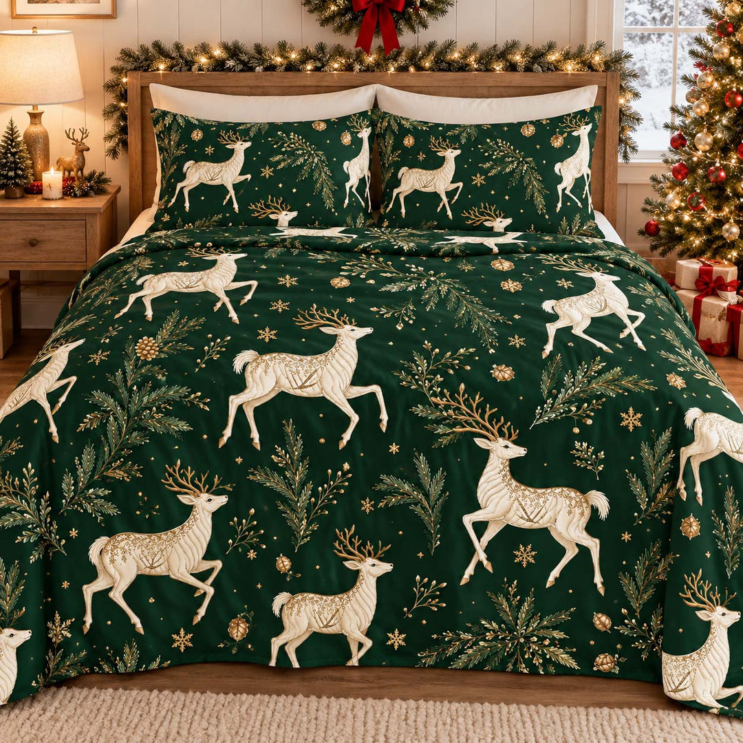 Elegant Golden Reindeer Christmas Bamboo Bedding Set