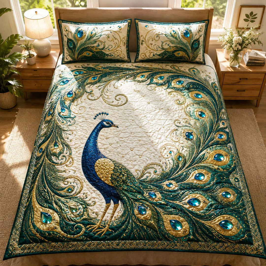 Emerald Jeweled Peacock Elegance Bamboo Quilt Bedding Set