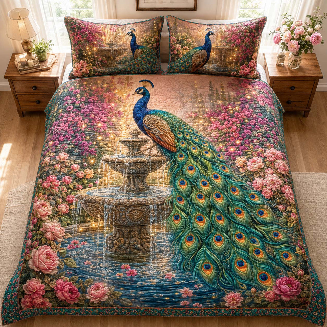 Enchanted Peacock Fountain Garden Bamboo Quilt Bedding Set