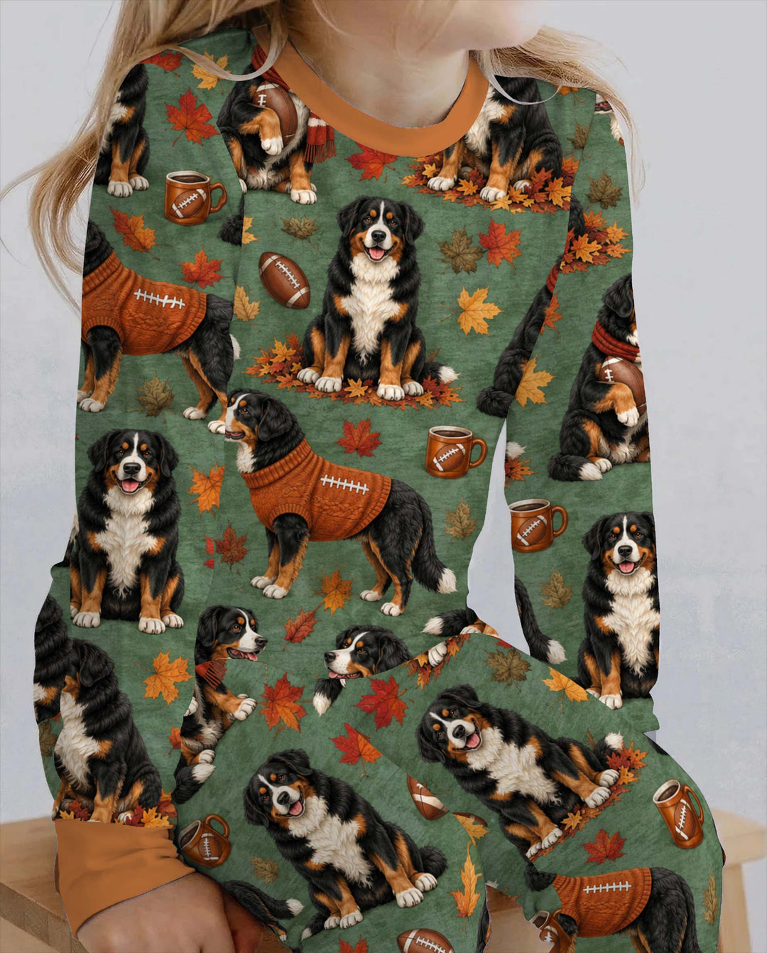 Fall Football Bernese Dogs Bamboo Two Piece Long Sleeve Pajama Set