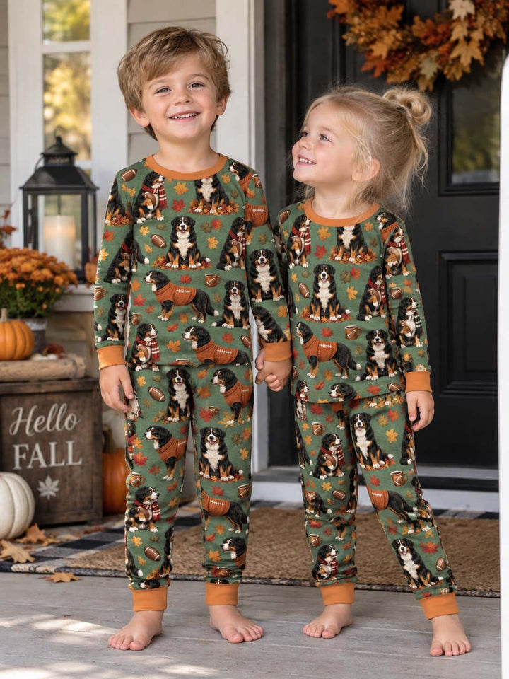 Fall Football Bernese Dogs Bamboo Two Piece Long Sleeve Pajama Set