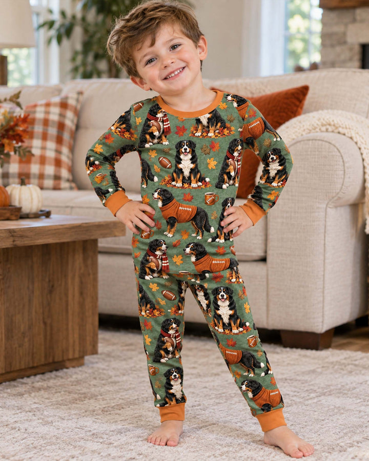 Fall Football Bernese Dogs Bamboo Two Piece Long Sleeve Pajama Set