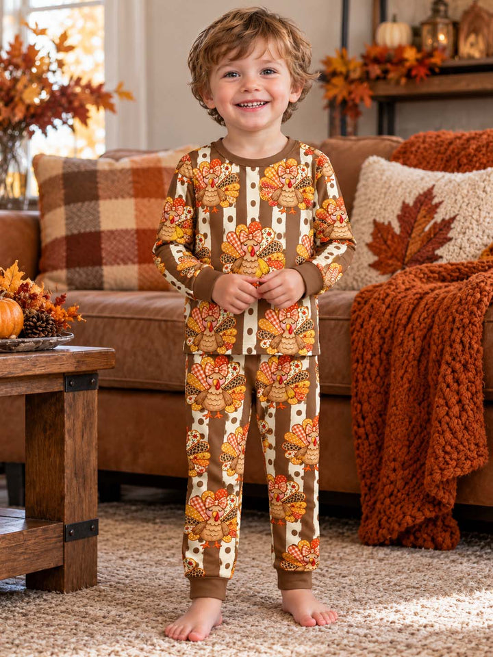 Fall Patchwork Turkey Bamboo Two Piece Long Sleeve Pajama Set