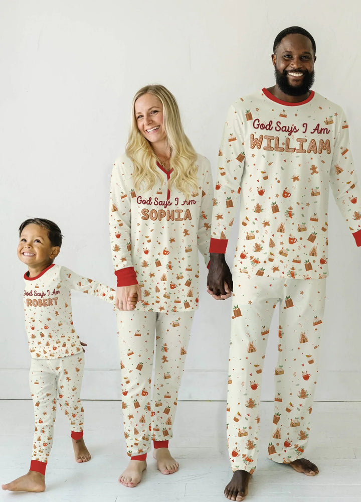 GingerBread God Says I Am Custom Name Two Piece Long Sleeve Pajama Set , GingerBread God Says I Am Custom Name Two Piece Long Sleeve Pajama Set - 12-18M