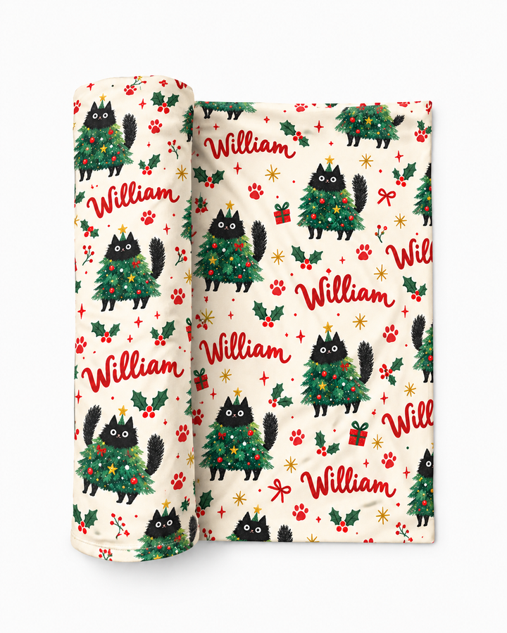 Custom Name Funny Christmas Tree Cat Bamboo Swaddle Blanket