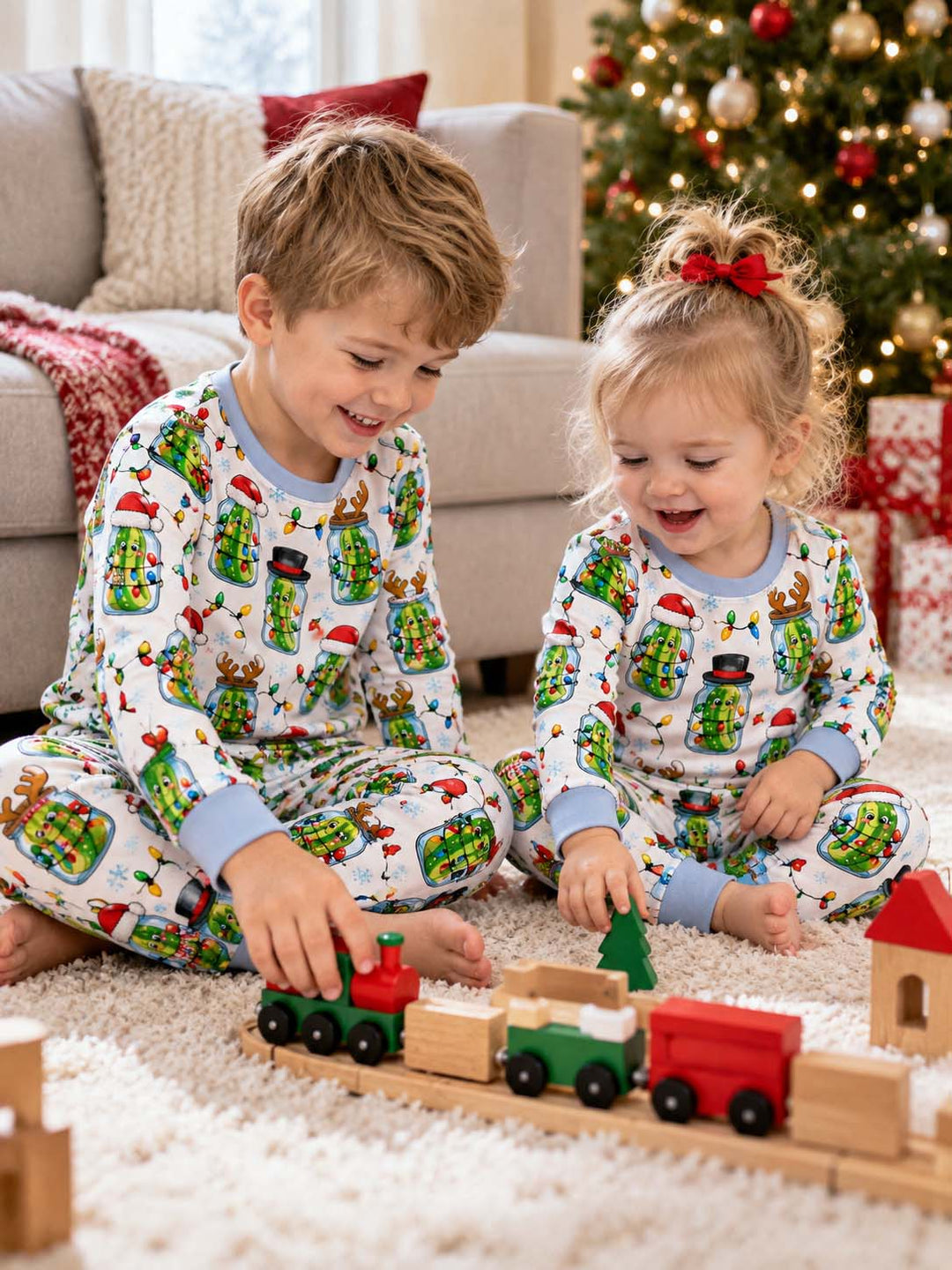 Festive Pickles in Mason Jars Bamboo Two Piece Long Sleeve Pajama Set