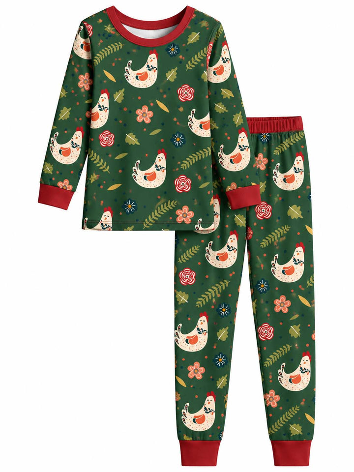 Folk Floral Hen Garden Bamboo Two Piece Long Sleeve Pajama Set